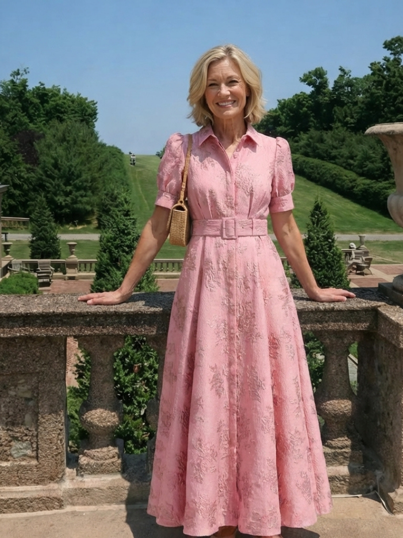 Xanthea | Abito Camicia Maxi a Maniche Corte con Cintura a Fiori Testurizzati
