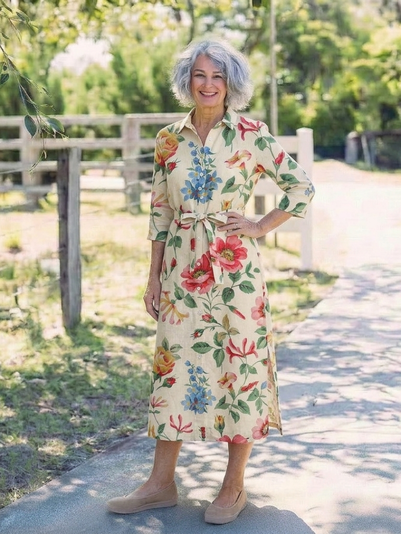 Maribel | Abito Midi Floreale con Maniche a Tre Quarti e Bottoni