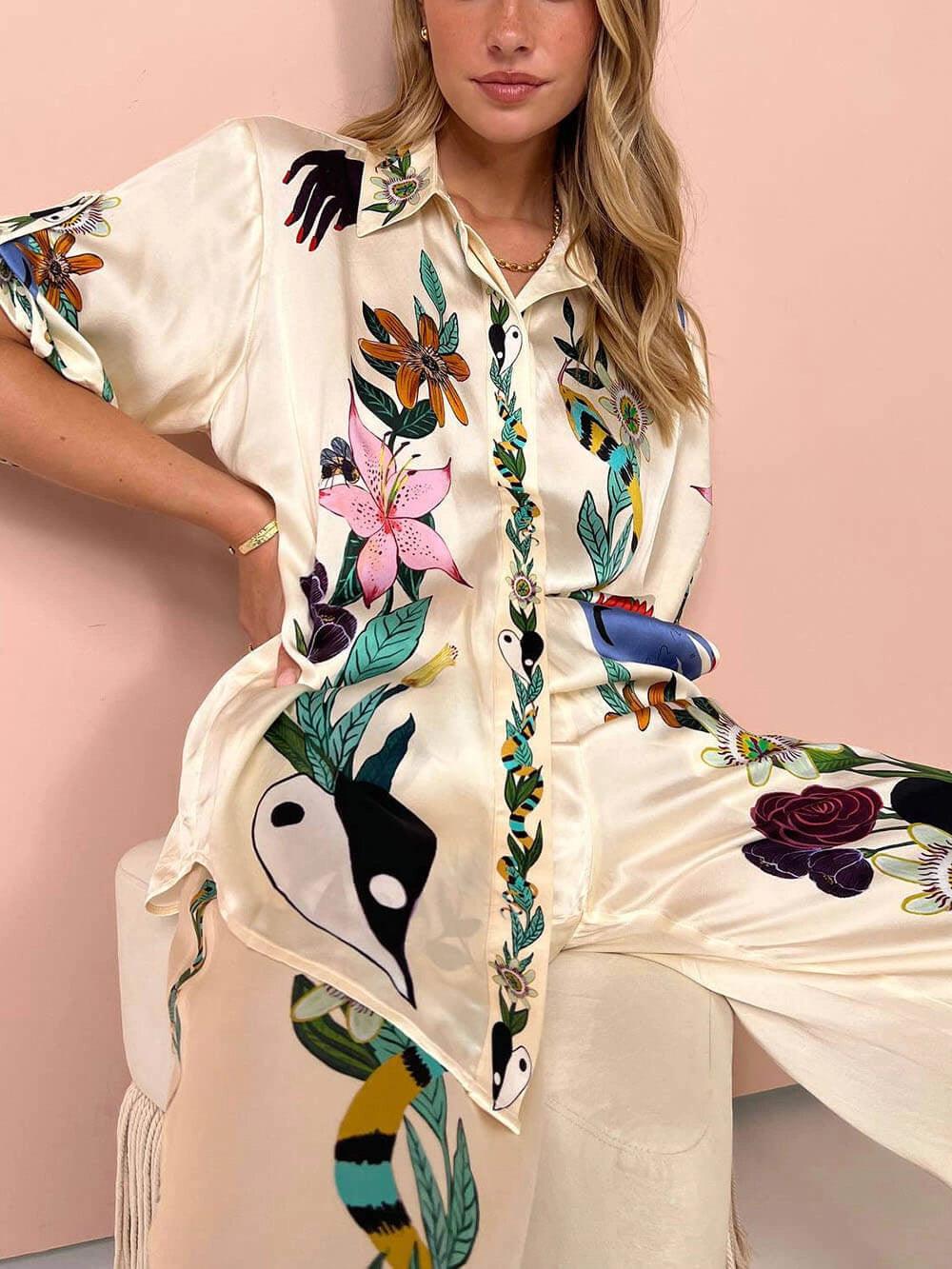 Nika | Set di camicia e pantaloni in satin con stampa unica
