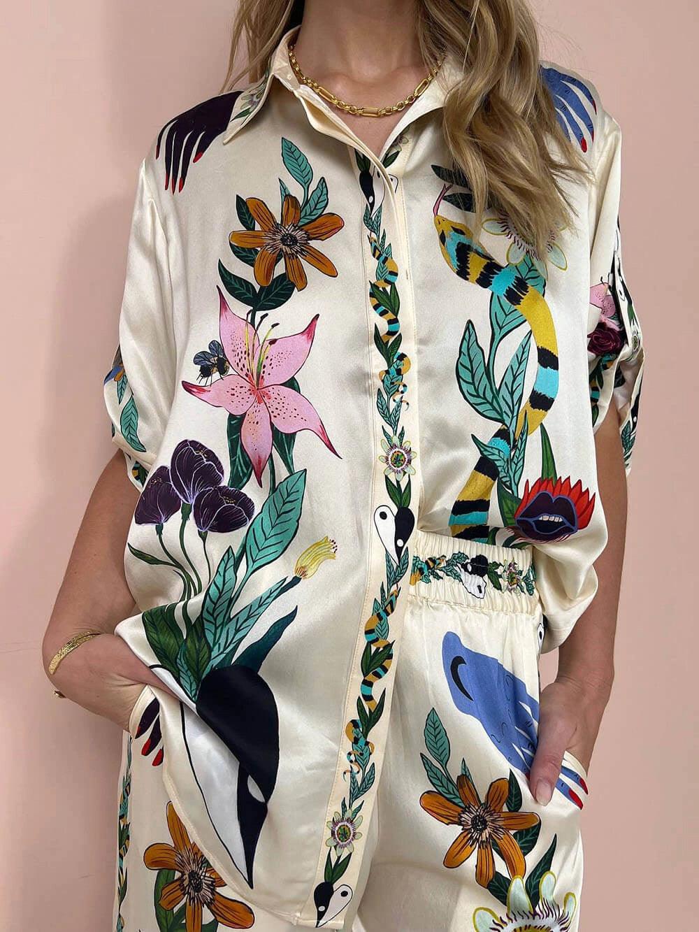 Nika | Set di camicia e pantaloni in satin con stampa unica