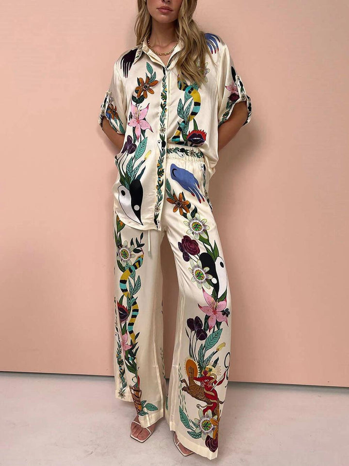 Nika | Set di camicia e pantaloni in satin con stampa unica