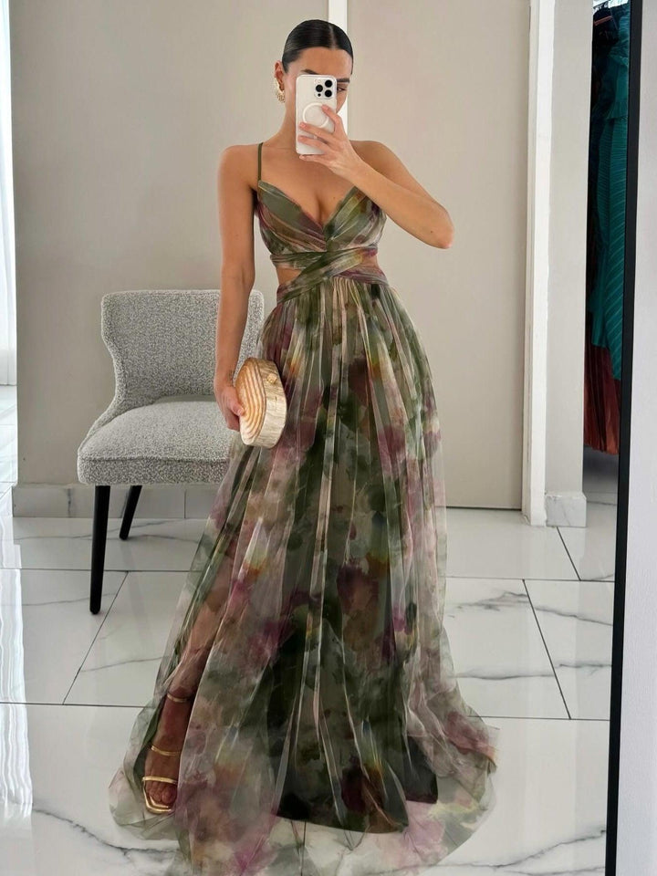 Karen | Vestito Maxi a V con Stampa Floreale