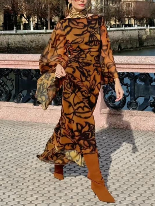 Ashley | Vestito lungo stampato Beach Glam Marrone