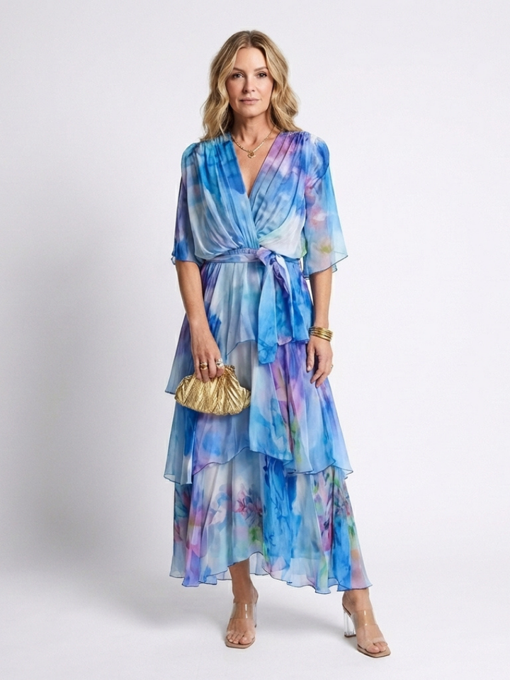Calista | Abito Maxi V Neck con Vita Legata e Strati Trasparenti