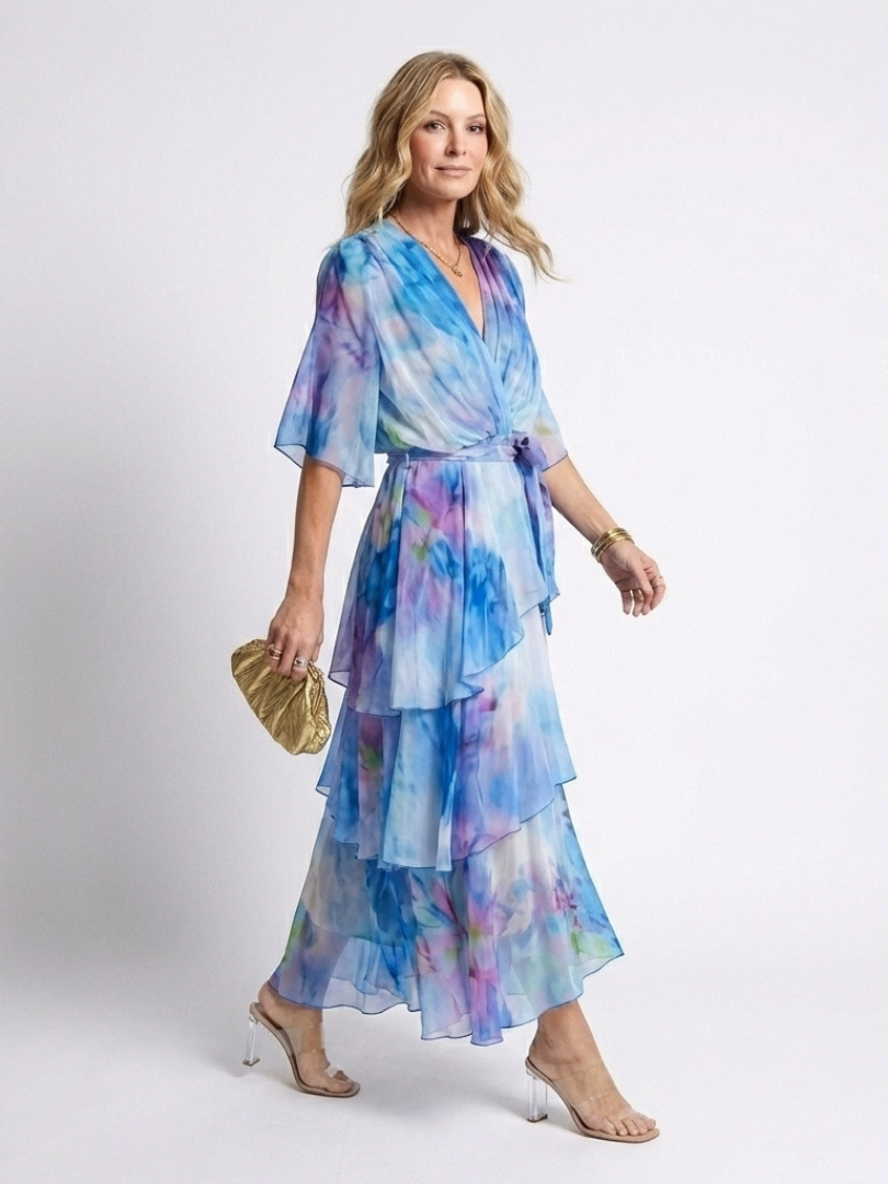 Calista | Abito Maxi V Neck con Vita Legata e Strati Trasparenti