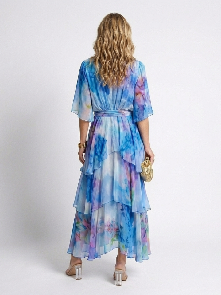 Calista | Abito Maxi V Neck con Vita Legata e Strati Trasparenti