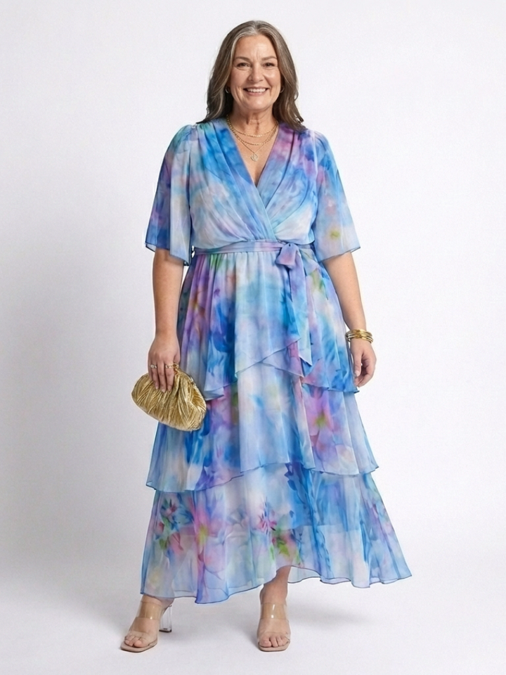 Calista | Abito Maxi V Neck con Vita Legata e Strati Trasparenti