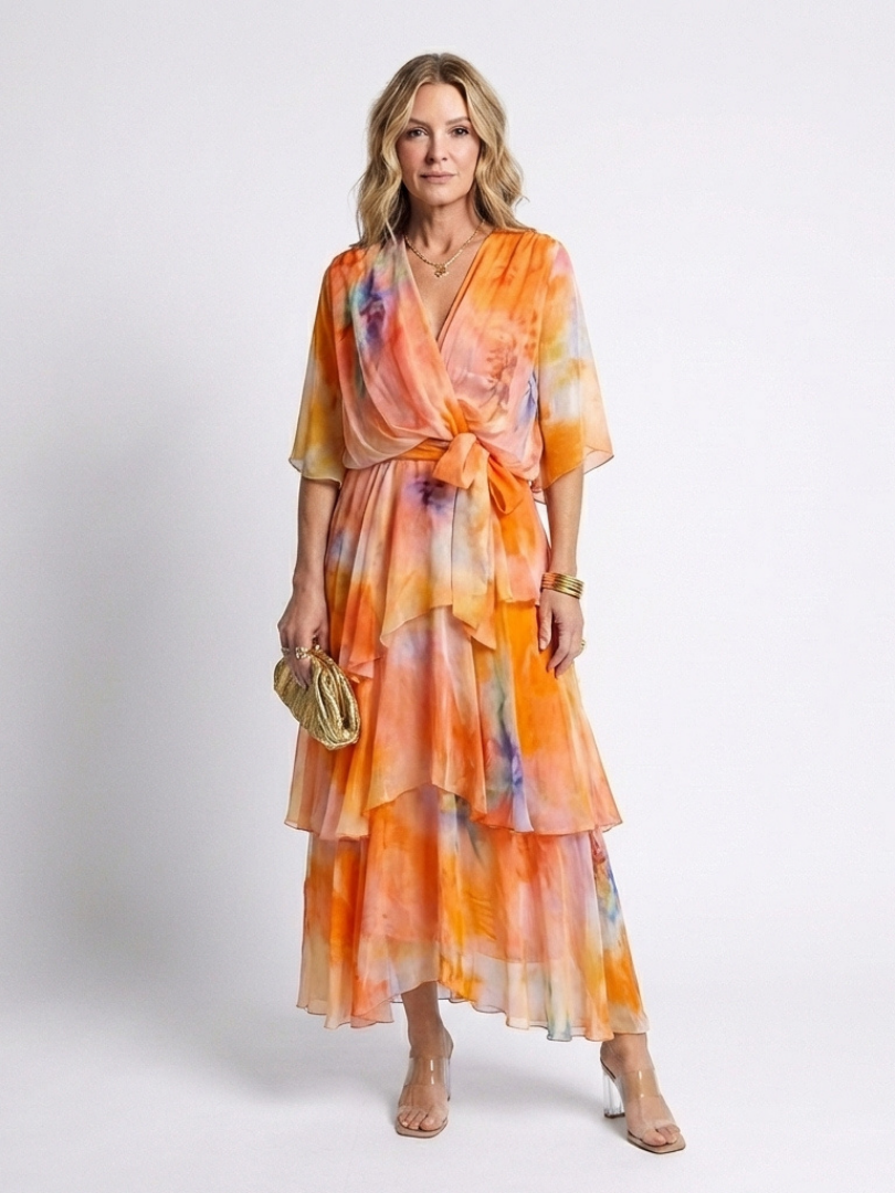Calista | Abito Maxi V Neck con Vita Legata e Strati Trasparenti