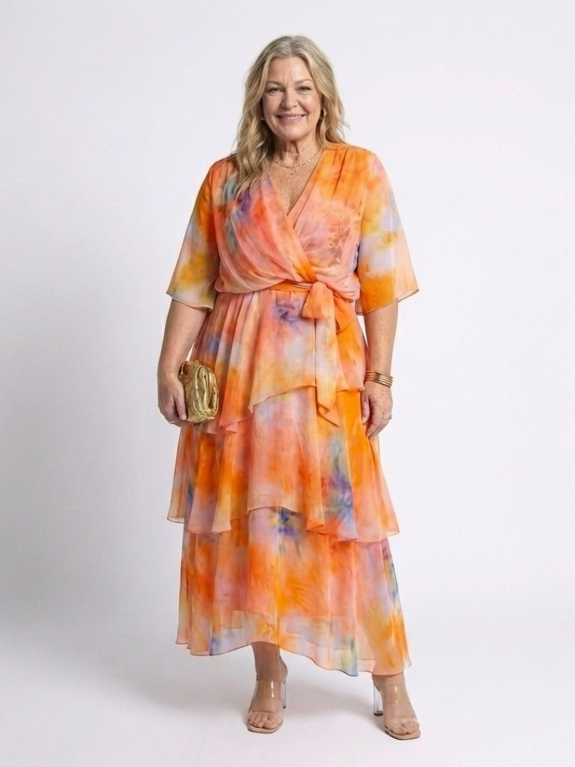 Calista | Abito Maxi V Neck con Vita Legata e Strati Trasparenti