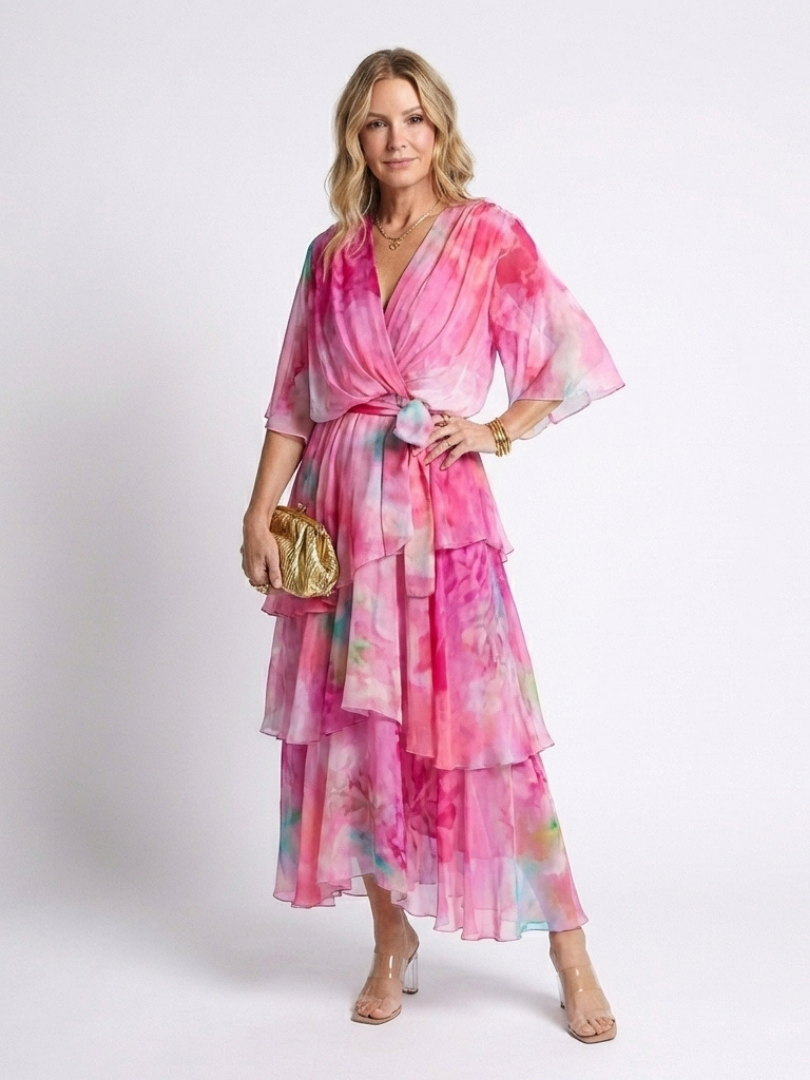 Calista | Abito Maxi V Neck con Vita Legata e Strati Trasparenti