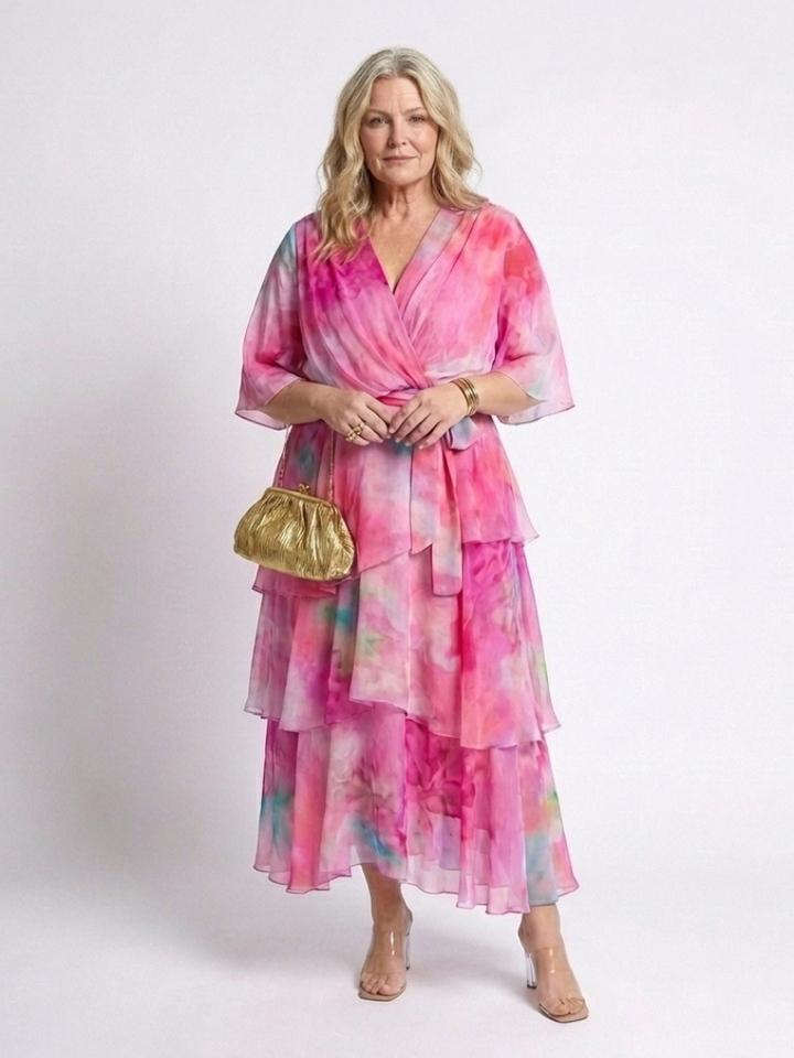 Calista | Abito Maxi V Neck con Vita Legata e Strati Trasparenti