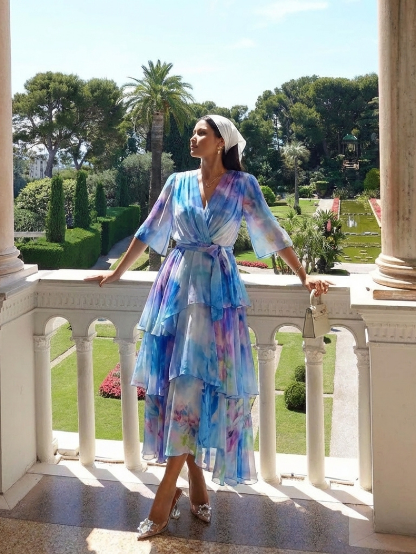 Calista | Abito Maxi V Neck con Vita Legata e Strati Trasparenti