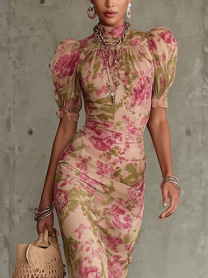 Mae | Vestito Maxi a Maniche Puff con Stampa Rosa Vintage