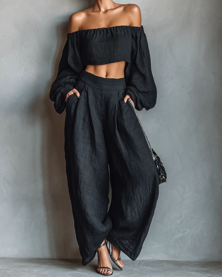 Tess™ | Completo con spalle scoperte e pantaloni larghi