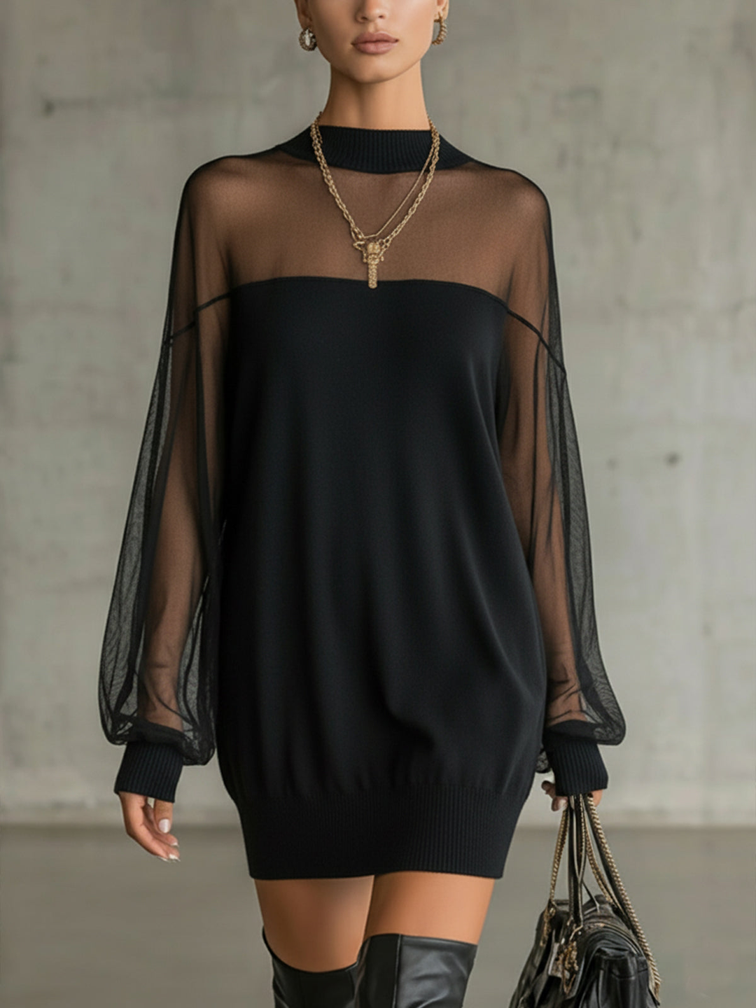 Amélie™ | Elegante Vestito corto nero con maniche in rete