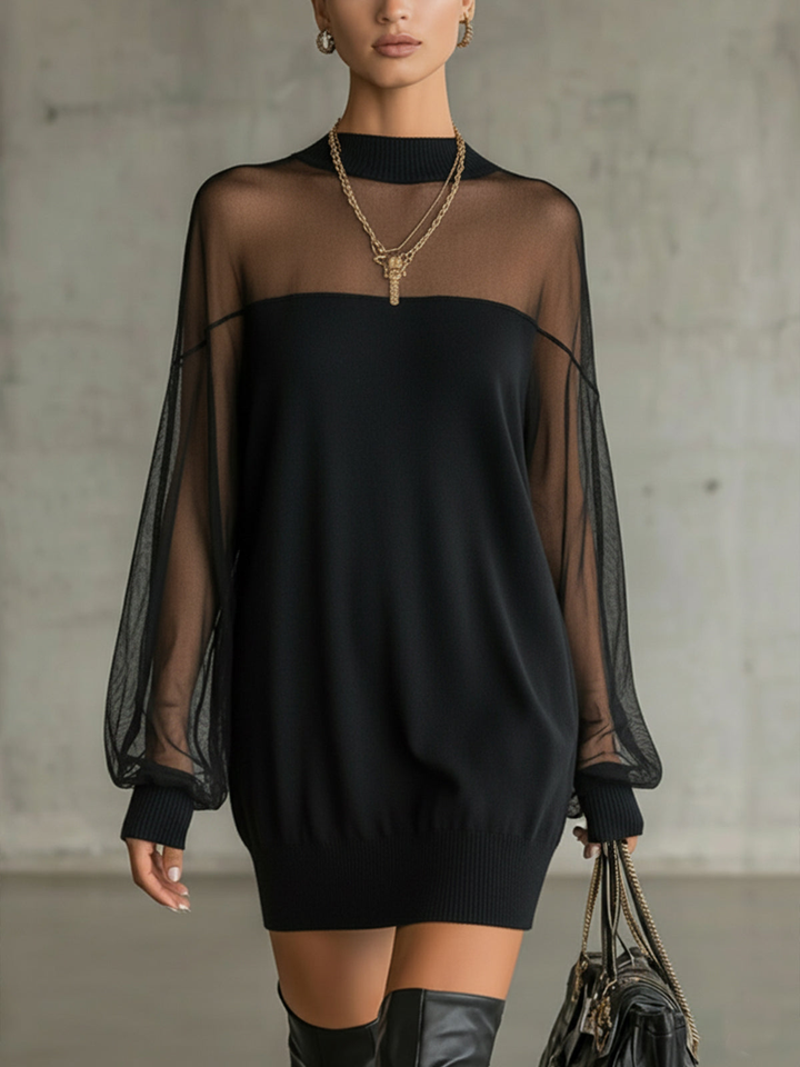 Amélie™ | Elegante Vestito corto nero con maniche in rete