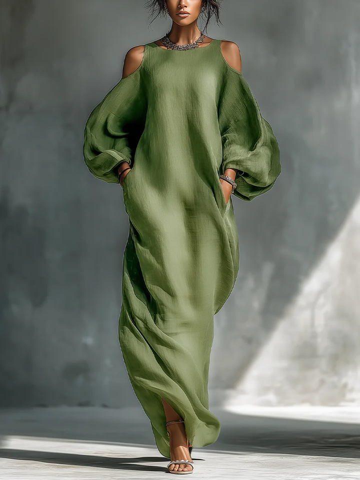 Anika | Abito Maxi Verde con Spalle Scoperte e Maniche a Palloncino