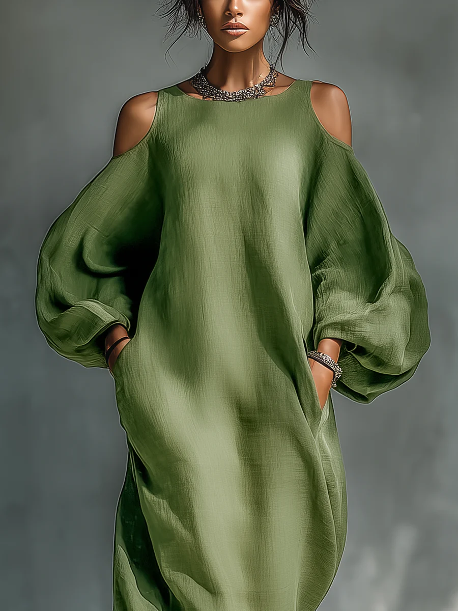 Anika | Abito Maxi Verde con Spalle Scoperte e Maniche a Palloncino