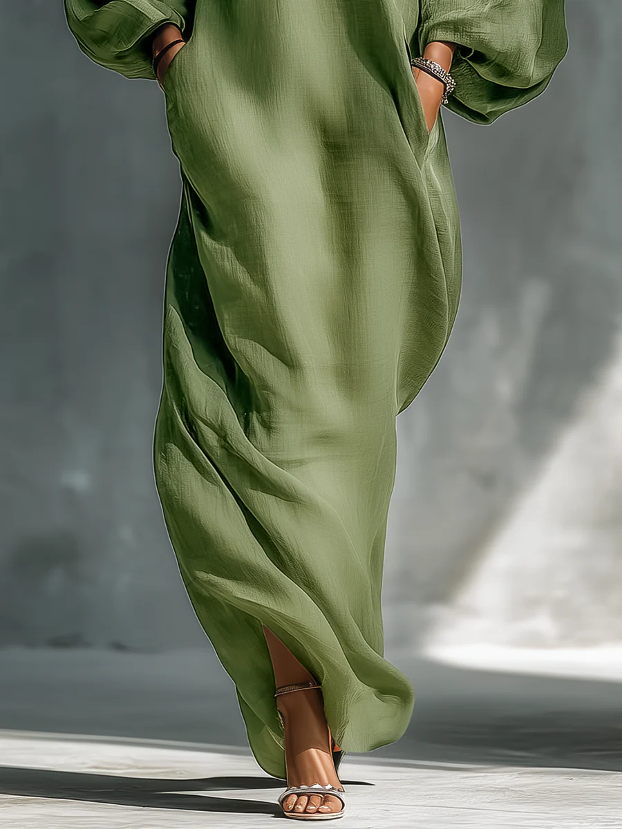 Anika | Abito Maxi Verde con Spalle Scoperte e Maniche a Palloncino