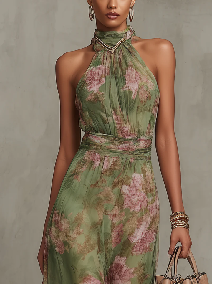 Florine™ | Vestito Maxi Verde con Stampa Floreale