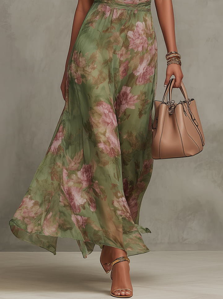 Firenze | Abito Maxi Halter in Chiffon Verde Floreale