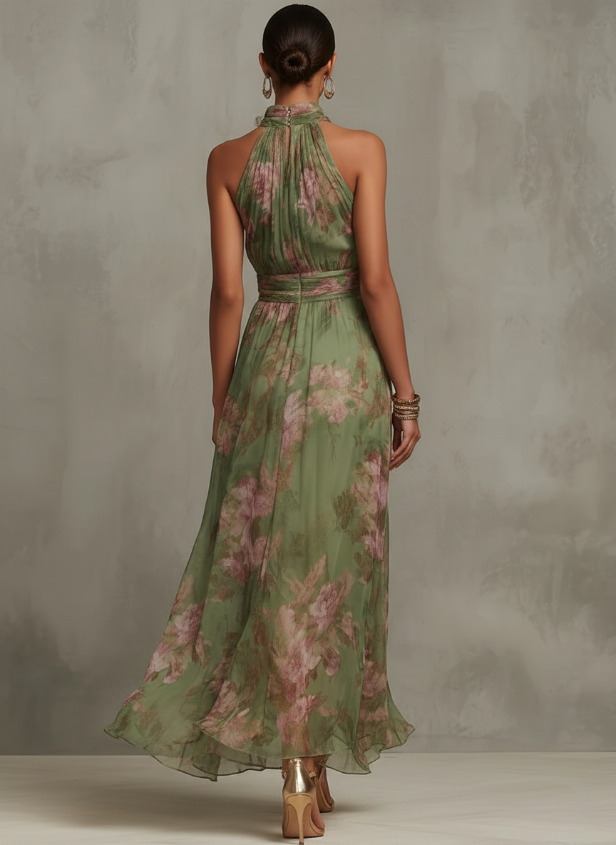 Firenze | Abito Maxi Halter in Chiffon Verde Floreale