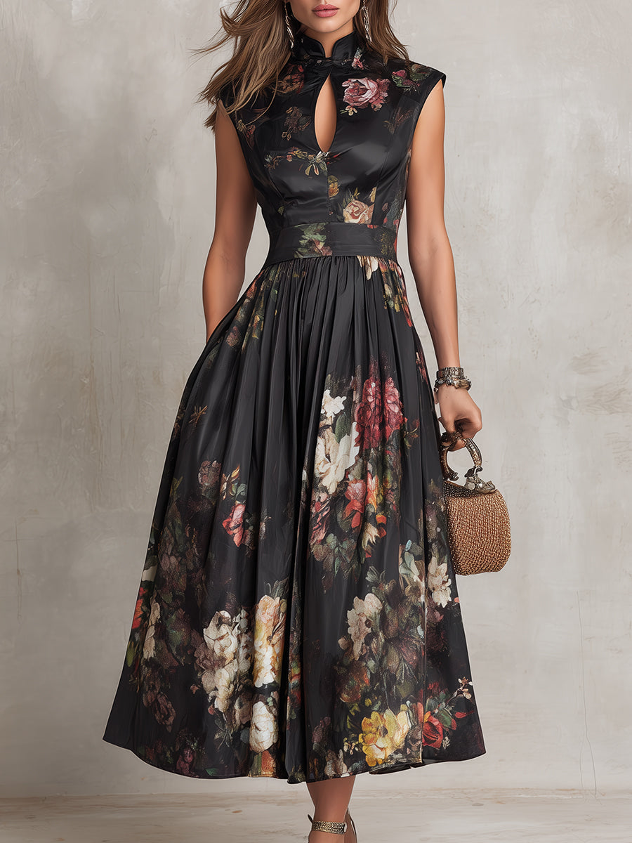 Patricia | Vestito Midi Plissettato in Satin Nero con Fiori