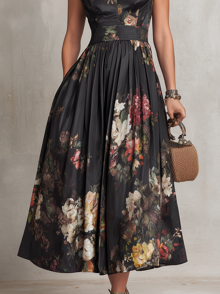 Patricia | Vestito Midi Plissettato in Satin Nero con Fiori
