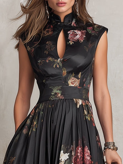 Patricia | Vestito Midi Plissettato in Satin Nero con Fiori