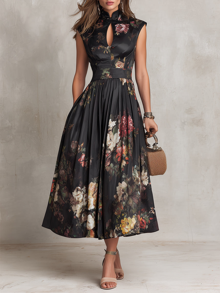 Patricia | Vestito Midi Plissettato in Satin Nero con Fiori