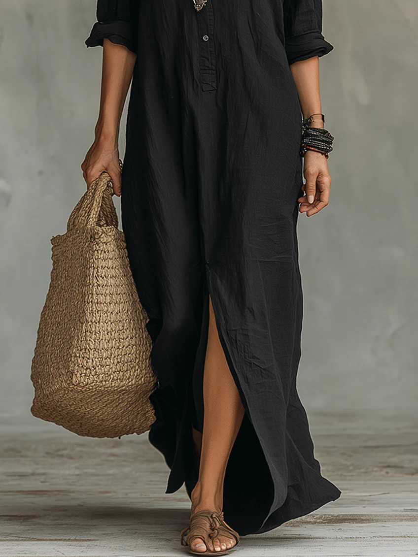 Soline™ | Vestito maxi nero svasato con bottoni
