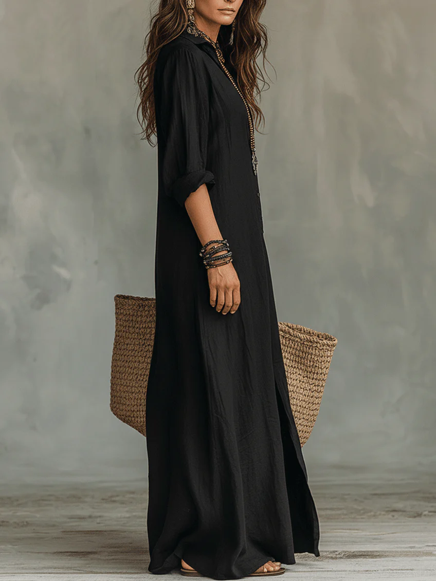 Soline™ | Vestito maxi nero svasato con bottoni