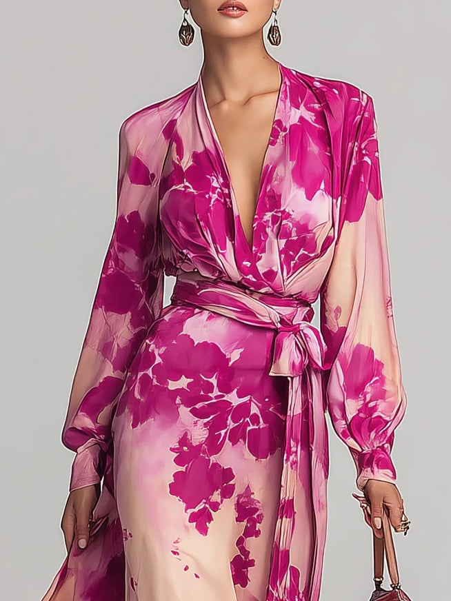 Julia | Abito Maxi a V con Fiori e Cintura