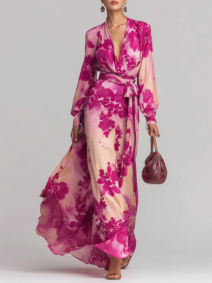 Julia | Abito Maxi a V con Fiori e Cintura