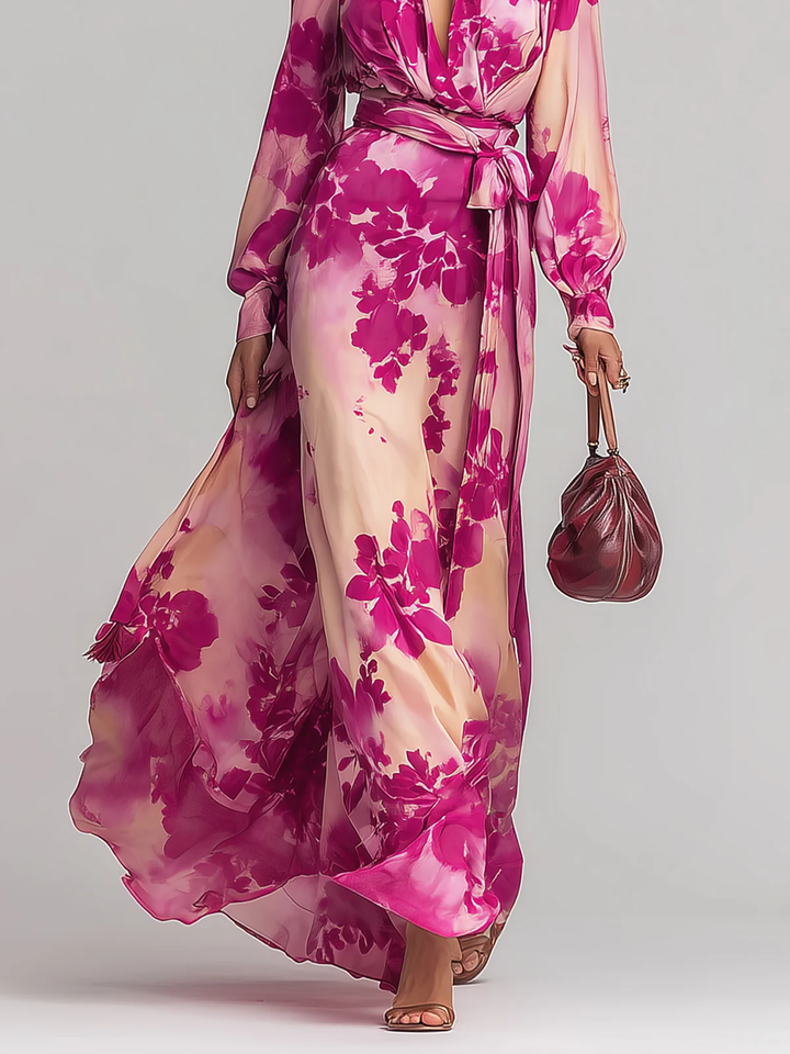 Julia | Abito Maxi a V con Fiori e Cintura