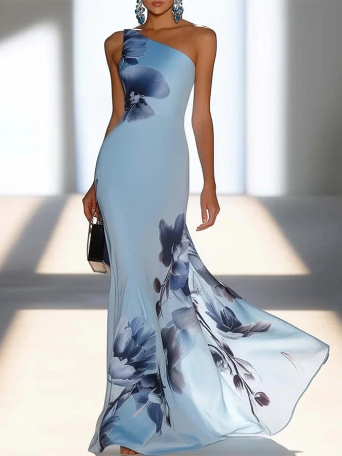 Victoria | Vestito Maxi Off-Shoulder in Stampa Satinata
