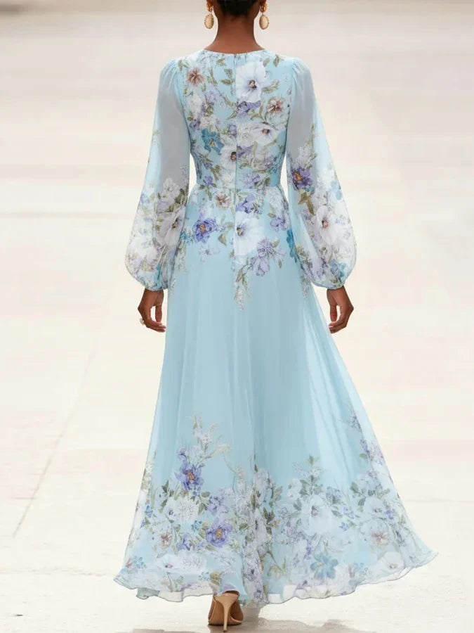 Mia | Abito Maxi in Chiffon Floreale Azzurro Chiaro con Scollatura a V