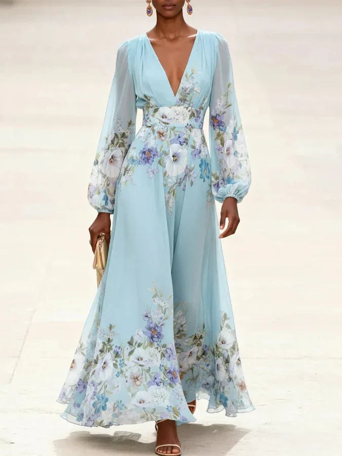 Mia | Abito Maxi in Chiffon Floreale Azzurro Chiaro con Scollatura a V