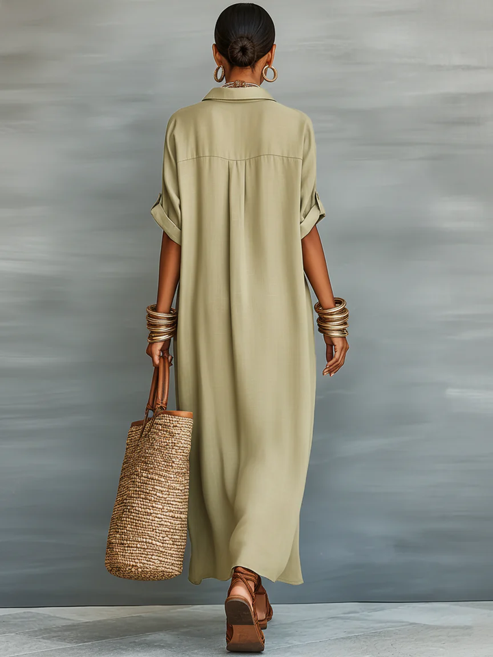 Manelle™ | Vestito maxi verde oliva con linea minimalista