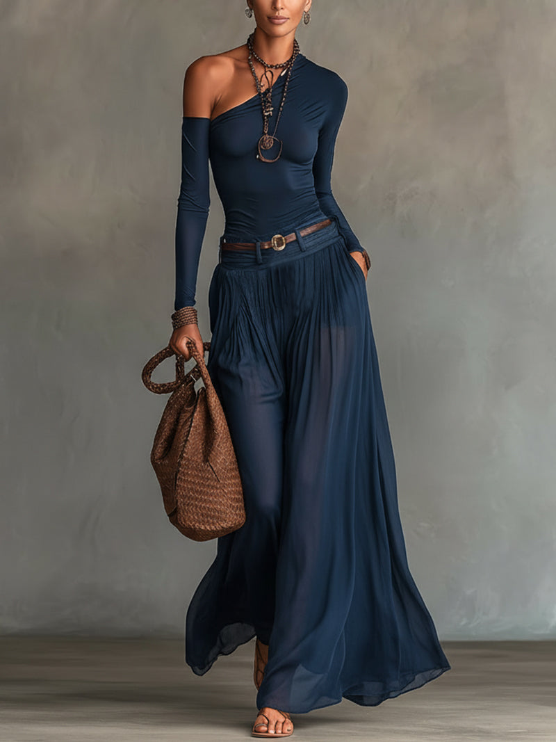 Lore | Top e Gonna a Spalla Unica Blu Navy Set Due Pezzi