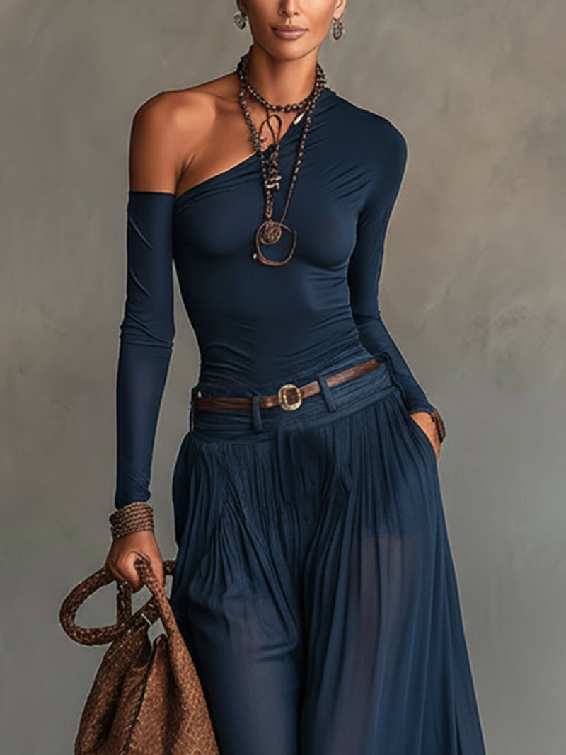 Lore | Top e Gonna a Spalla Unica Blu Navy Set Due Pezzi