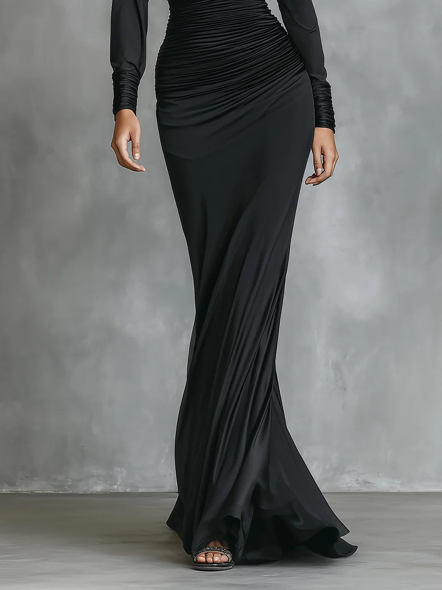 Célina™ | Vestito maxi satinato monospalla in nero