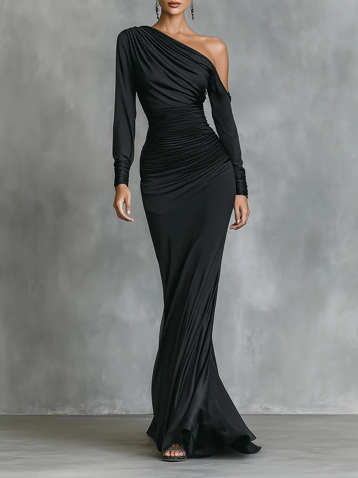 Célina™ | Vestito maxi satinato monospalla in nero
