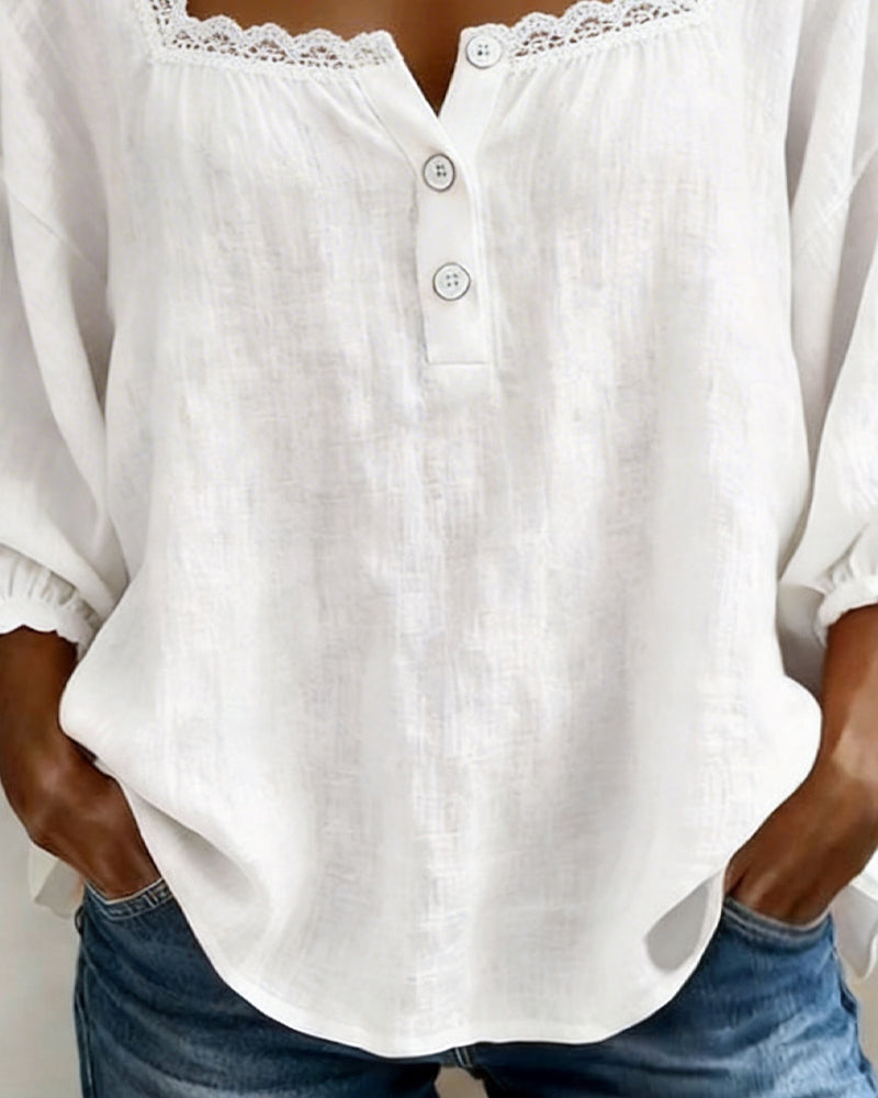 Blusa in Pizzo con Collo Quadrato e Maniche Sbuffate
