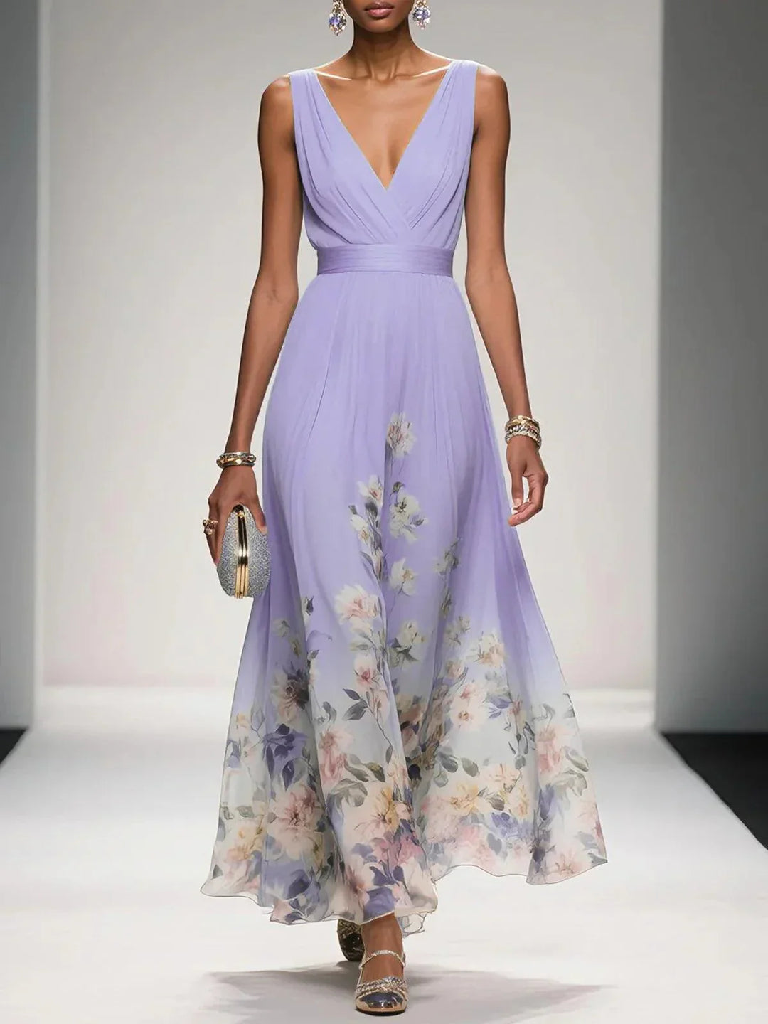 Rosa | Abito Maxi in Chiffon Floreale A V Azzurro Chiaro