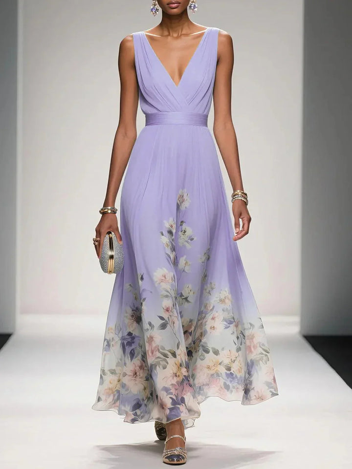 Rosa | Abito Maxi in Chiffon Floreale A V Azzurro Chiaro