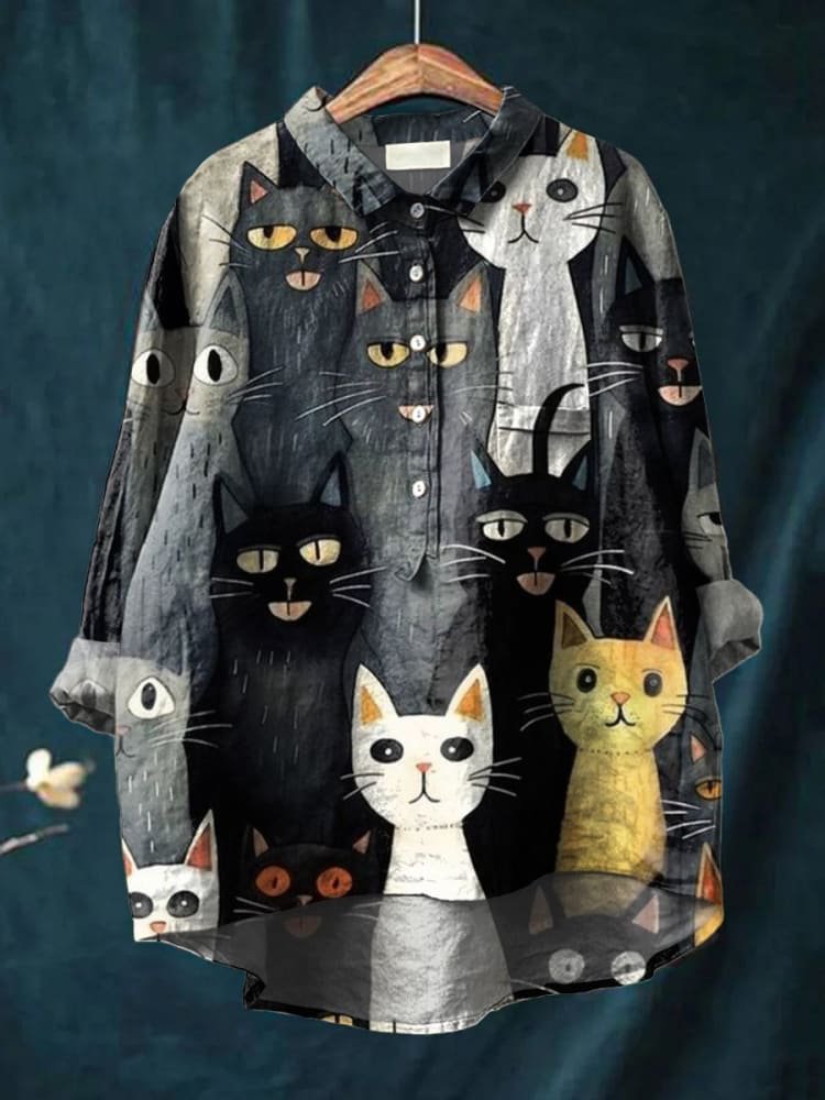 Amélia | Camicia casual con stampa di gatti fantasiosa per donne