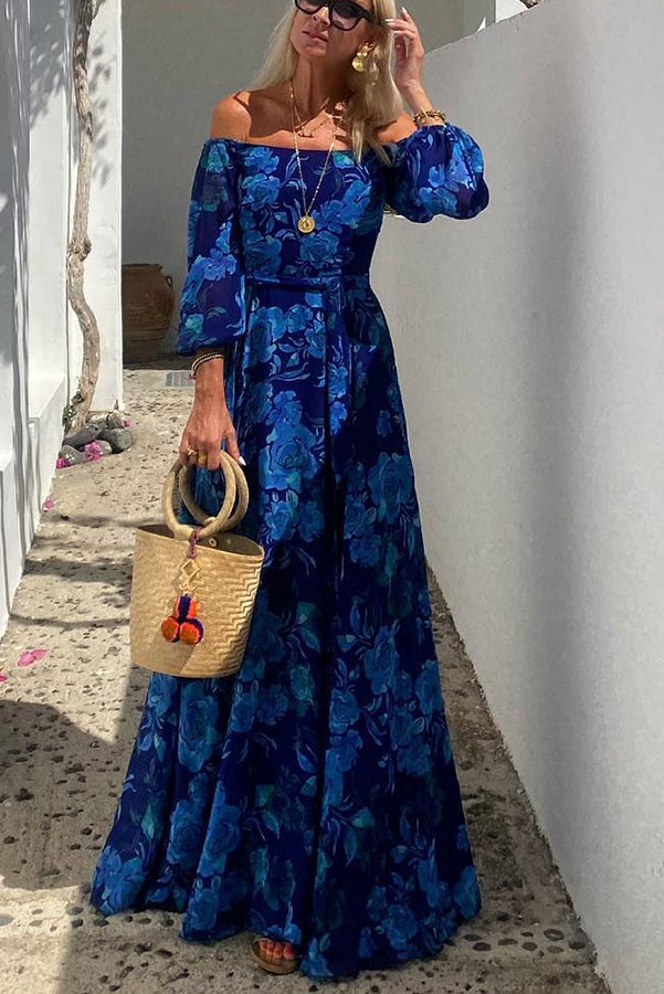 Francesca - Vestito lungo con stampa floreale e maniche off-the-shoulder