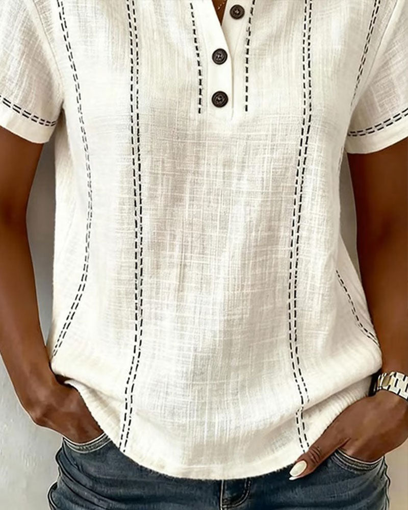 T-shirt Modo Informale Collo a V con Bottoni