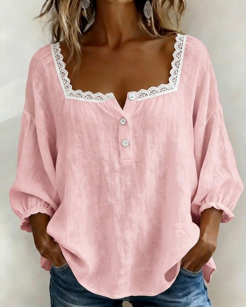 Blusa in Pizzo con Collo Quadrato e Maniche Sbuffate
